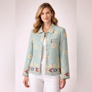 Doncaster Blue Linen Jacket Womens 10 Southwestern Aztec Print Blazer